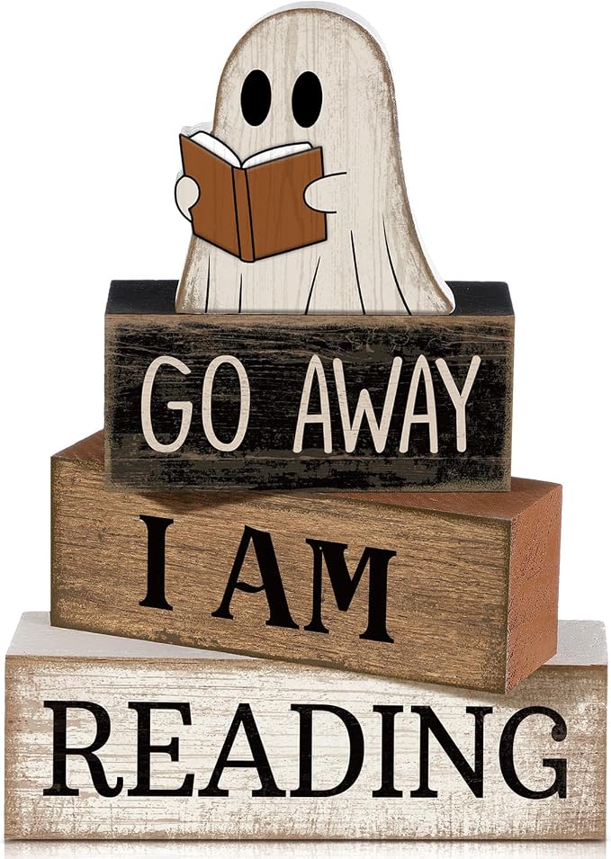 Moucuny 4 Pcs Halloween Table Decoration Wooden Ghost Reading Stacked Block by Moucuny