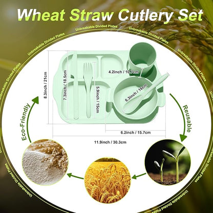 Tanlade 24 Pcs Wheat Straw Dinnerware Cutlery Sets, Divided Plates Unbreakable Bowl Microwave Dishwasher Safe Tableware Cutlery Spoon Knife Fork Cup(Orange, Yellow, Beige, Green)