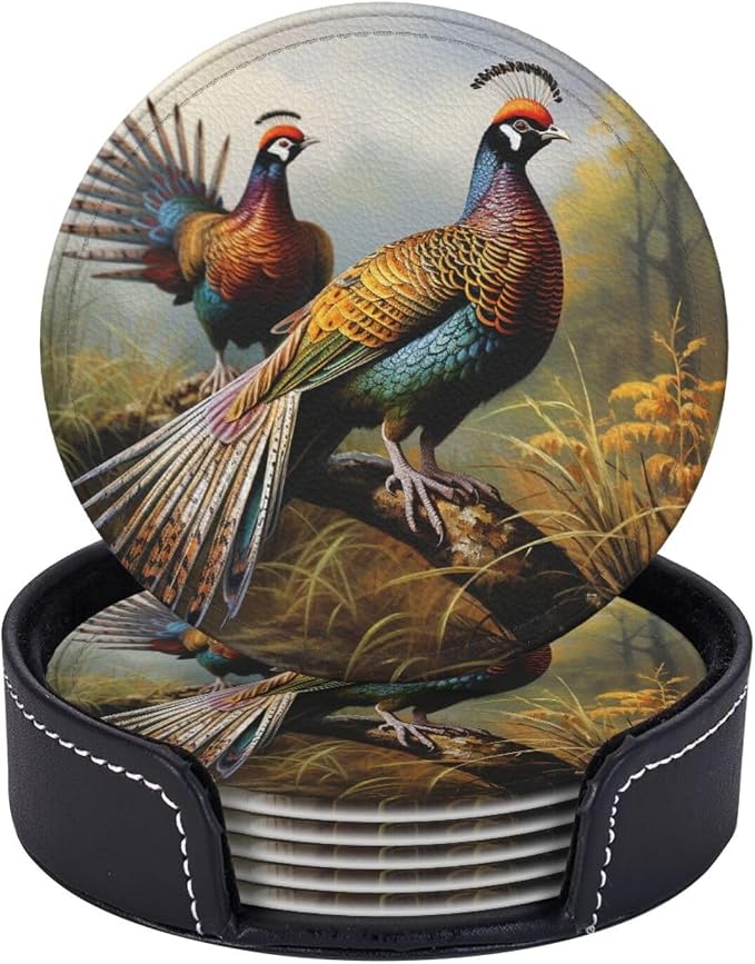 6Pcs PU Leather Coaster for Drinks, Pheasants Animals Cup Coasters by WSOIHFEC