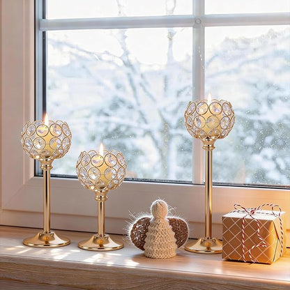 Crystal Candle Holders 2 Set of 6 - Gold Vintage Hollow Ball Candle Stand for Table Centerpiece, Crystal Metal Tealight Candlestick for Wedding, Dining Room Decor