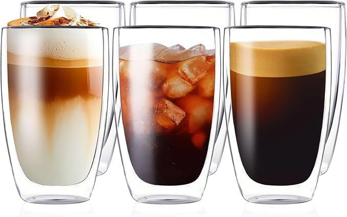 MESNEY 17oz Double Walled Glass Coffee Mugs, Glass Coffee Mugs Set of 6 by MESNEY
