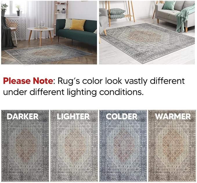 Keen Home Design 4x6 Rug - Machine Washable Area Rug with Non-Slip Backing, Ideal for Living Room, Dining Room, Bedroom - Vintage, Easy Clean, Durable, Low Pile - (4' x 6')