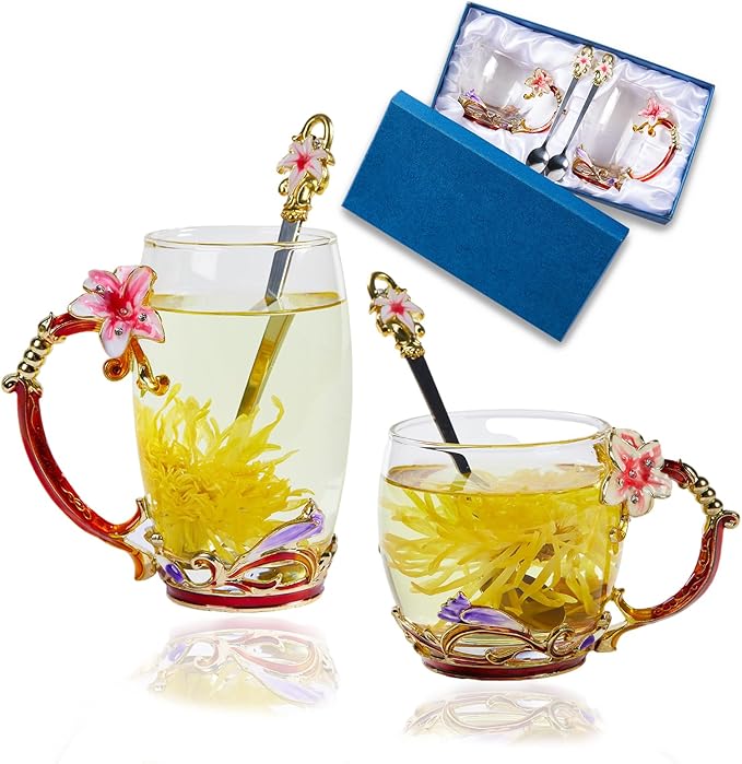 Tea Cup Glass Coffee Mugs, Fancy Cup Set Birthday Christmas Valentine's Day by DUMVOIN