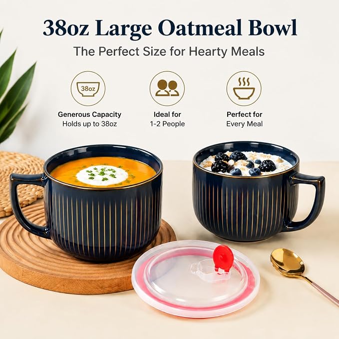 38oz Blue Ceramic Soup Mug, Large Soup Bowl - Image 3