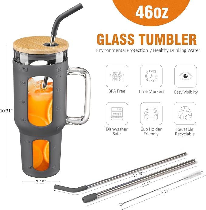 WINSA Glass Tumbler with Lid and Straw, 46 oz | Iced Coffee Cup with Handle - Image 4