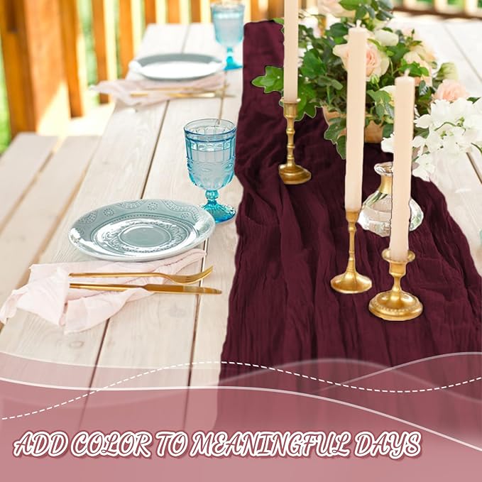 2 Pack Cheesecloth Table Runner, 120 Inch Burgundy Table Runner - Image 5