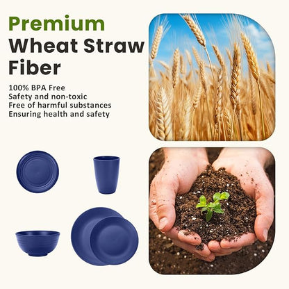 Homienly 40 PCS Wheat Straw Dinnerware Set, Reusable Plates and Bowls Sets, Cups, Lightweight and Unbreakable Dishes Set for 8, Microwave & Dishwasher Safe Dinnerware Sets for Kitchen - Dark Blue