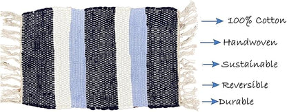 Perilla Home Placemat Set of 4 - Cotton Linen Blend Square Placemats - Farmhouse Rustic Woven Bohemian Machine Washable Table Mats with Tassels for Dining Table Decor (Dark Blue Sky Blue & White)