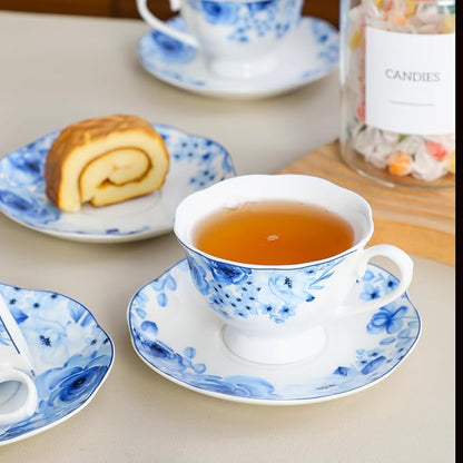 6oz Porcelain Tea Cup and Saucer Set of 6, Classic Blue Floral | Classic blue - Image 4