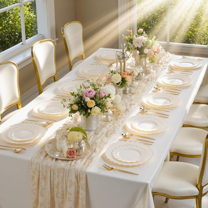 100pcs Scalloped Ivory Gold Plastic Plates, Elegant Party Plates | Includes 50 - Image 2