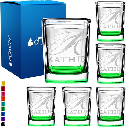 Personalized Shot Glasses Set of 6 Initial and Name 2oz Green Bottom Etched Square Shot Glass Engraved with Custom Text Birthday Gift for Men and Women