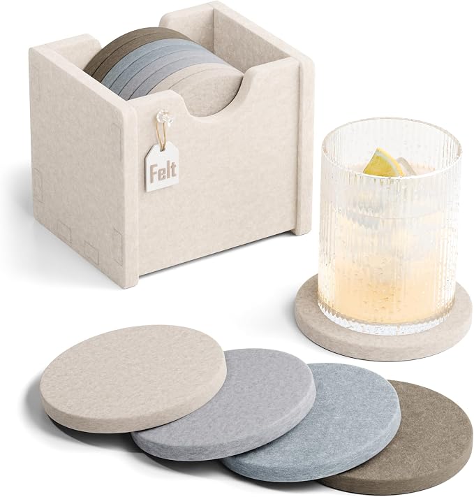 Fluxynara Felt Coasters with Holder, River Pebble | Round Felt Coasters by FLUXYNARA