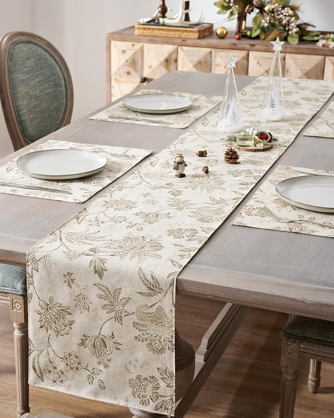 jinchan Taupe Floral Linen Table Runner 13 x 72 Inch Farmhouse | Linen-look by JINCHAN
