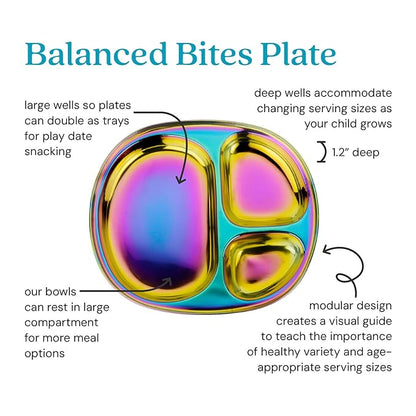 Ahimsa Stainless Steel Kids Plate, Pediatrician Designed Divided Toddler & Baby Plates, Non Toxic, Unbreakable & Dishwasher Safe, Rainbow