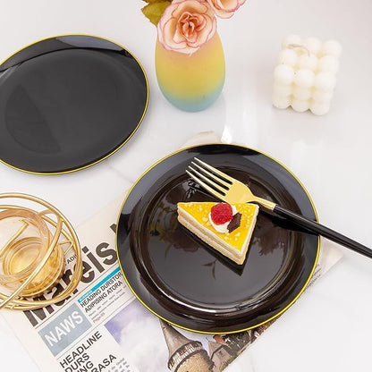 I00000 144Pcs Black and Gold Dessert Plate Set, Including 72Pcs Black and Gold Plastic Plates 7.5" and 72Pcs Disposable forks 8.5", Fancy Salad Plates with Gold Rim for Thanksgiving and Party