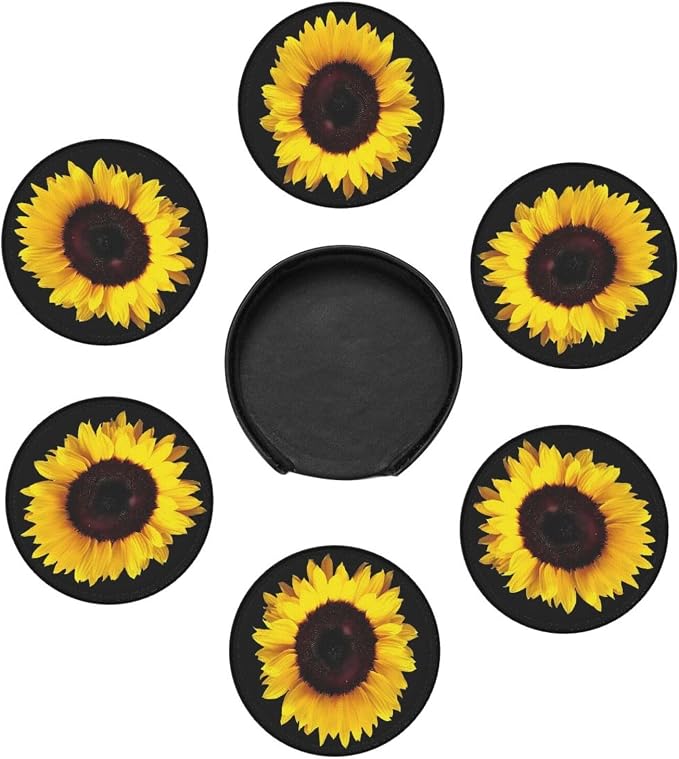6 Pcs Black Farmhouse Blossom Sunflower Leather Coasters - Image 7