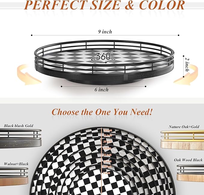 Black and White Kitchen Lazy Susan Turntable – Checkered Round Decorative Tray, 9" Table Top Oak Wood Lazy Susan for Cookies, Dining Table Organizer, Small Kitchen Table Centerpiece