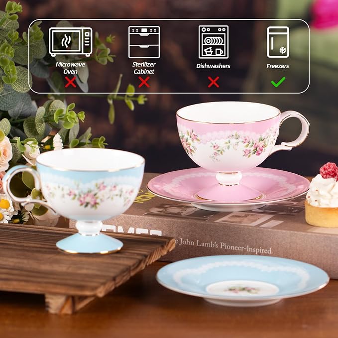 KAMMAK Tea Cups Set of 2, Ceramic Floral Pattern Demitasse Cup | Porcelain - Image 7