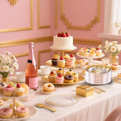 DaYammi 240Pcs Dessert Plates Include 120Pcs Gold Cake Plates 6.3inch with 120Pcs Gold Plastic Forks 5.7inch,Clear gold plates Disposable Salad Plate for Party Appetizer Plate for Wedding Birthday
