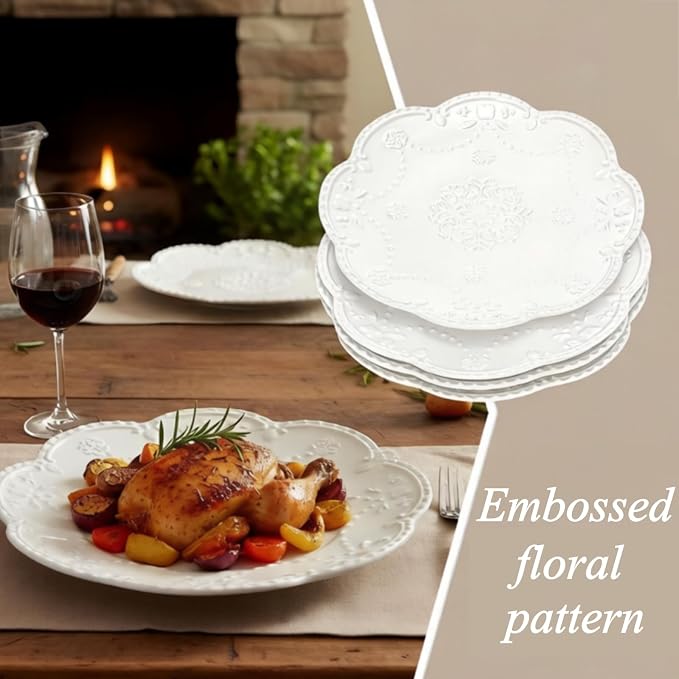 Tebery Set of 4 Ceramic Dinner Plate, 10.5 Inch Large Embossed Lace Salad - Image 4