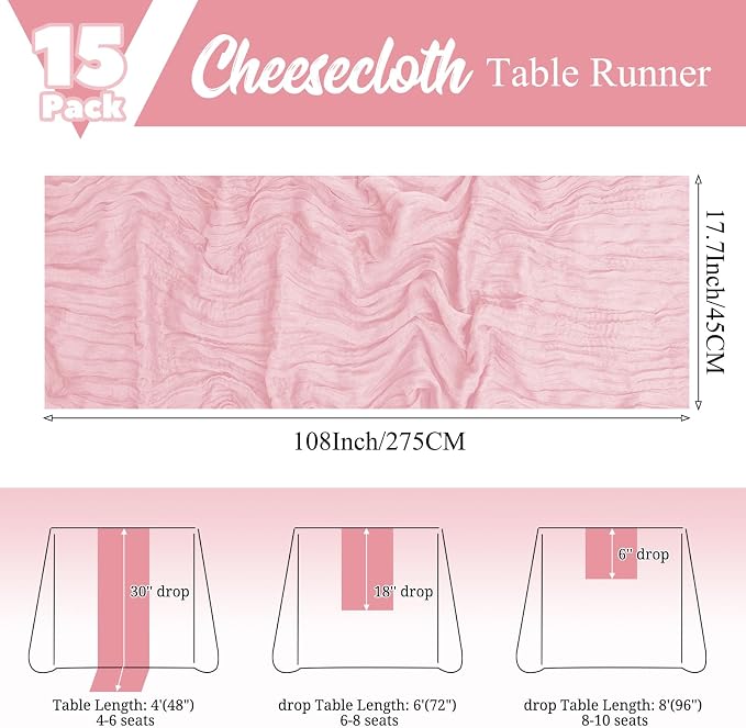 15 Pack Pink Table Runner 17 x 108inch Cheesecloth Table Runner Boho Gauze - Image 2
