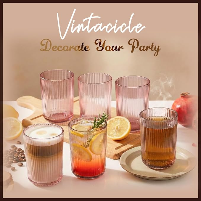 Pink Ribbed Highball Glasses Set of 6, 13.2oz Pink Colored Glassware, Drinking - Image 5
