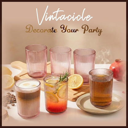 Pink Ribbed Highball Glasses Set of 6, 13.2oz Pink Colored Glassware, Drinking - Image 5
