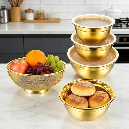 5 Pack Gold Mixing Bowls with Airtight Lids, Stainless Steel Mixing Bowl Set with Colander, Gold Nested Bowl, Metal Nesting Organizers, for Baking Prepping and Serving Food, Size 1.5, 2.0, 2.5, 4.0 Qt