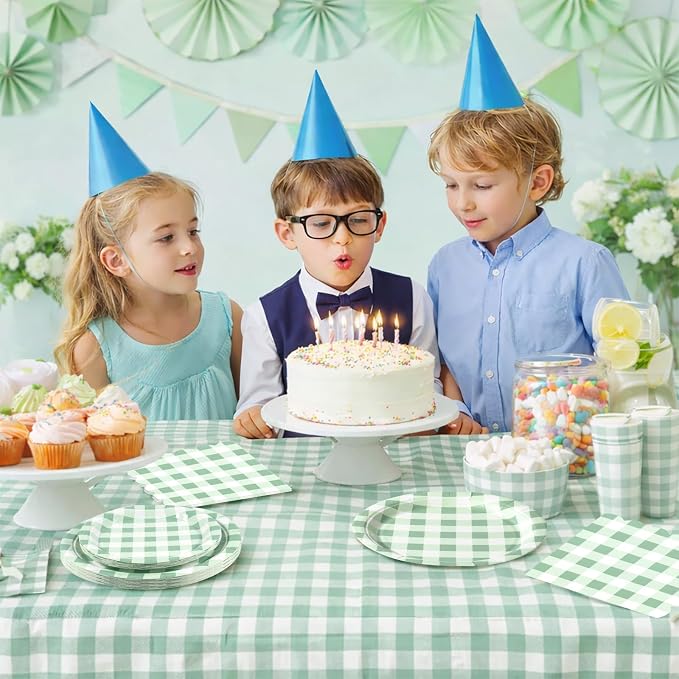 150PCS Sage Green Gingham Paper Plates and Napkins Serve 50 Guest Party | Green - Image 2