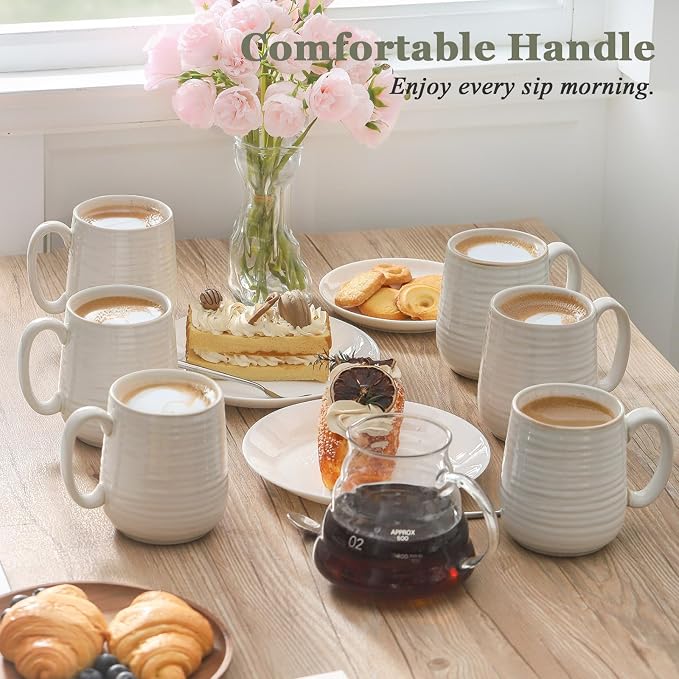HASENSE Coffee Mugs Set of 6, 15 oz Ceramic Coffee Cups, Clay-Infused White | - Image 4