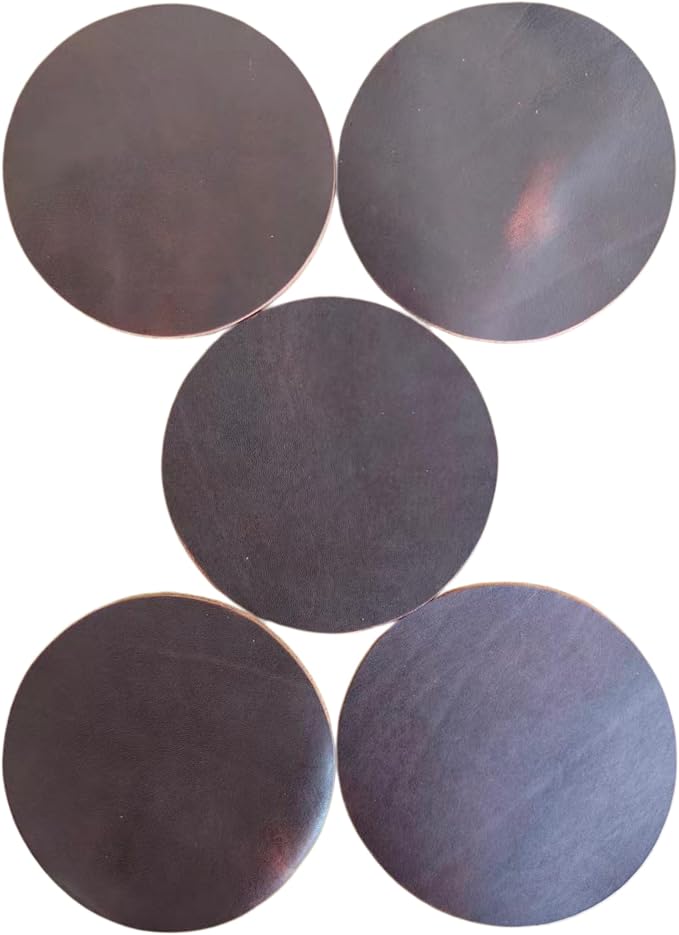Full Grain Genuine Leather, Oil Wax Brown, 11cm Circular Coasters 5 pcs | by YiJiaXiang