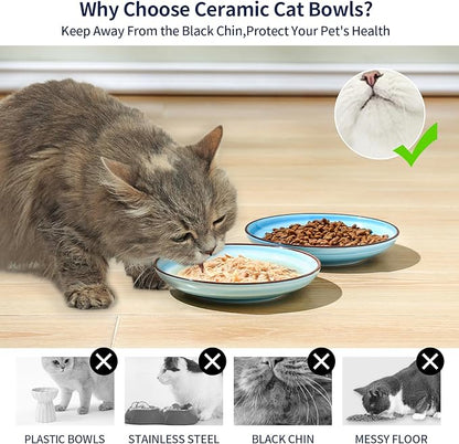 Selamica Ceramic Cat Bowls, 6 Inch Cat Food Bowl Whisker Friendly, Shallow Wide Kitten Plates for Food and Water, Set of 4, Gradient Blue