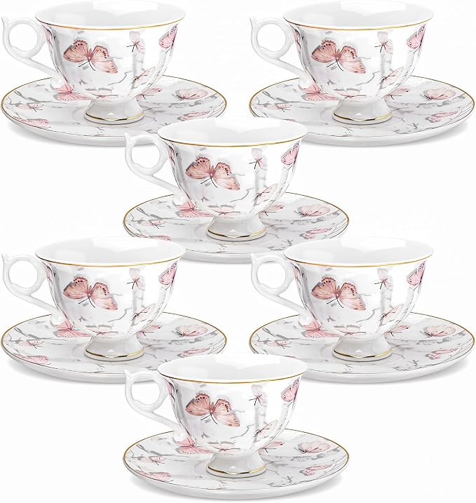 fanquare 6oz Pink Butterflies Porcelain Tea Cups and Saucers Set of 6 | Elegant by fanquare