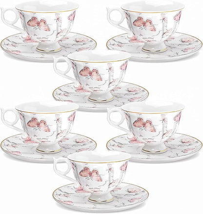 fanquare 6oz Pink Butterflies Porcelain Tea Cups and Saucers Set of 6 | Elegant by fanquare