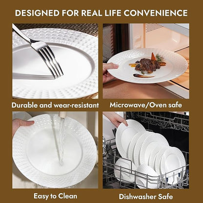 KINGSTONE Bone China Dinnerware Set, 18-Piece White Lightweight Porcelain for 6, Plates and Bowls with Rhombus patterned edge design, Microwave and Dishwasher Safe, for Family, Restaurant, Gifting