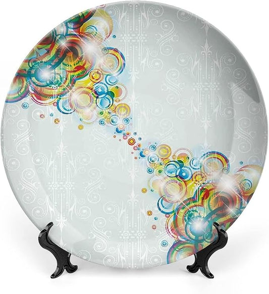 Decorative Plates, Abstract Print Ornament, Modern Design Rainbow Waves Circles Patterned, 6 Inch, Kitchen Wall Decor, Multicolor