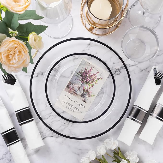Goodluck 350 Piece Black Plastic Dinnerware Set for Party, Clear Disposable Plates for 50 Guests, Include: 50 Dinner Plastic Plates, 50 Dessert Plates, 50 Pre Rolled Napkins with Cutlery Set, 50 Cups