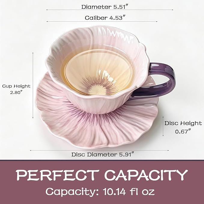 10 oz Tea Cups and Saucers, Flower-Shaped Ceramic Latte Art Cappuccino Cup and - Image 2