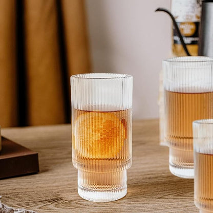 XKXKKE 12 oz Ribbed Drinking Glasses Set of 6, Highball Glass Cups Ridged Glass - Image 3