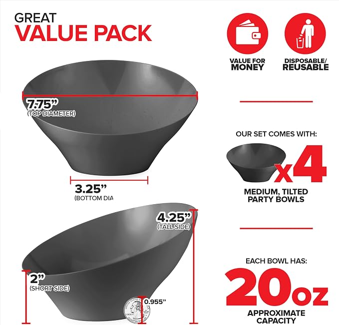 20oz Black Plastic Serving Bowls Medium Disposable Snack Bowl Candy Dishes - Image 2