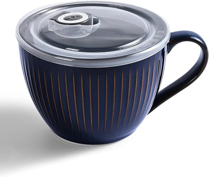 24oz Soup Mug with Handle & Lid, Microwave Soup Bowl/Cup, Vintage Blue | by Hoilse