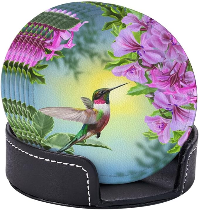 6 Pcs Hummingbirds and Brilliant Flowers Nature Landscape Leather Coasters - Image 6