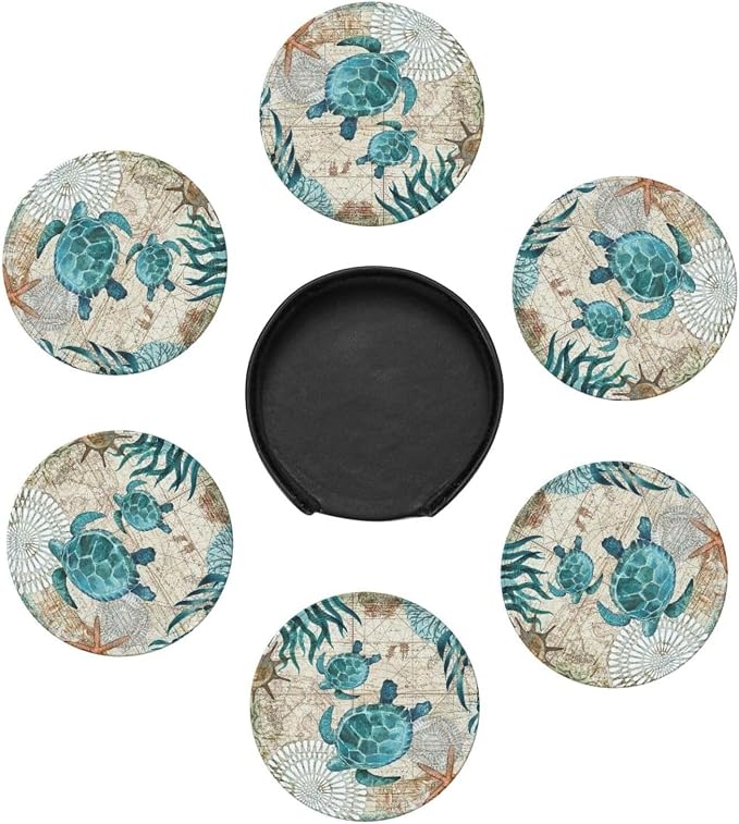 Drink Coasters with Holder Stand Set of 6, Sea Turtle Pu Leather Absorbent - Image 5
