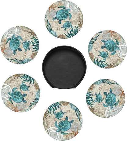 Drink Coasters with Holder Stand Set of 6, Sea Turtle Pu Leather Absorbent - Image 5