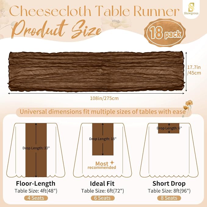 Showgeous 18 Pack Brown Cheesecloth Table Runner, 17 x 108 Inches | Boho - Image 2