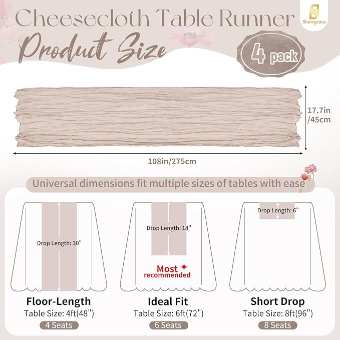 Showgeous 4 Pack Rosy Brown Cheesecloth Table Runner, 17 x 108 Inches | Boho - Image 2