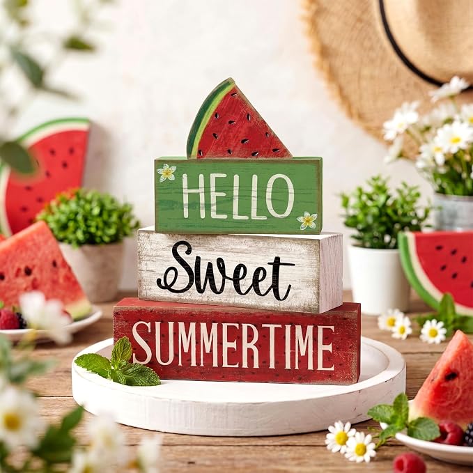 Moucuny 4 Pcs Summer Wooden Table Decor Watermelon Tiered Tray Decor Farmhouse - Image 2