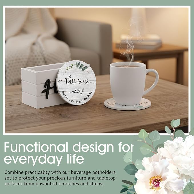 Queekay Coasters Set of 6 House Warming Gifts New Home Wooden Farmhouse Drink - Image 7