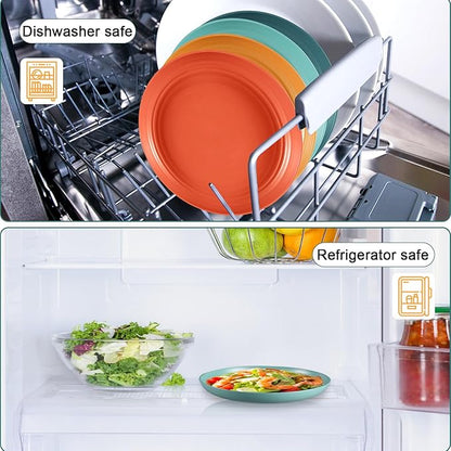12 Pcs Unbreakable Deep Dessert Plates Set, 8 inch Reusable Plastic Wheat Straw Plates, Microwave and Dishwasher Safe Plate for Kitchen, Lightweight Plate for Dessert, BPA Free, 4 Colors