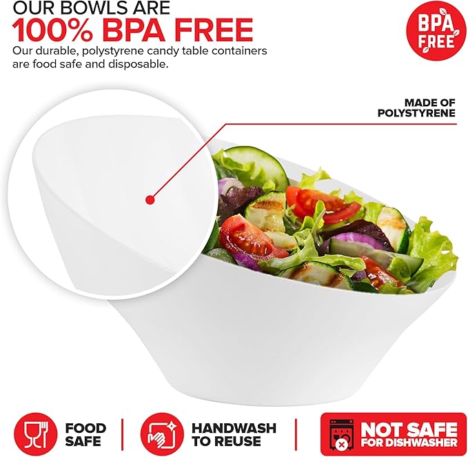54oz White Plastic Serving Bowls Large Disposable Snack Bowl Candy Dishes - Image 3